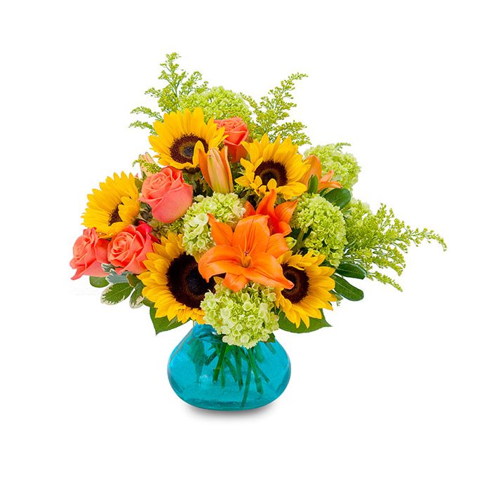 Sunflowers, mini green hydrangeas, orange lilies, roses and greens